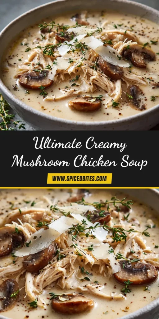 A rustic bowl of Creamy Mushroom Chicken Soup, garnished with fresh parsley and served with a side of crusty bread. The soup is thick, creamy, and filled with chicken and mushroom slices.