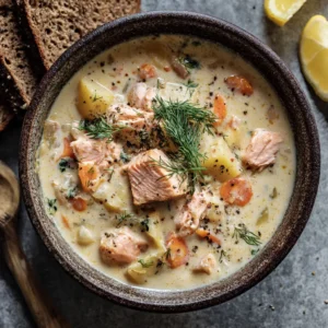 Salmon Chowder Recipe (The Ultimate Creamy & Comforting Guide) 4 A close-up, overhead view of a rustic stoneware bowl filled with creamy potato salmon chowder, ready to be served.