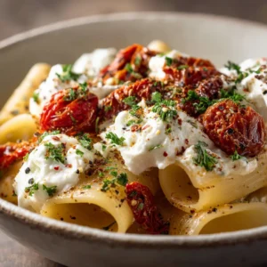 Roasted Tomato and Garlic Ricotta Pasta: The Ultimate Creamy Delight 4 A close-up shot of the creamy ricotta pasta sauce blended with roasted tomatoes and garlic, being tossed with rigatoni pasta in a large bowl.