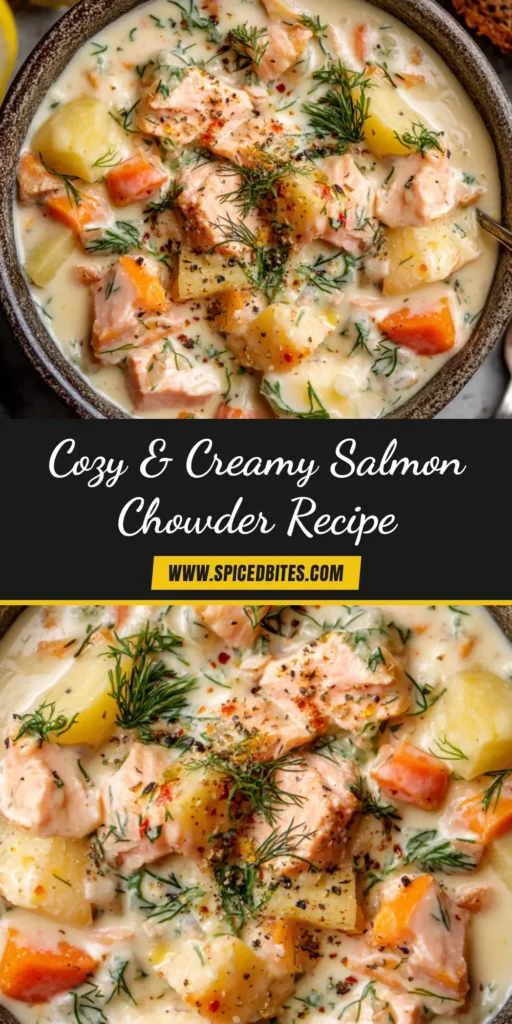 Salmon Chowder Recipe (The Ultimate Creamy & Comforting Guide) 3 A large white bowl filled with creamy salmon chowder recipe, garnished with fresh dill and crispy bacon. A spoon is resting in the bowl.
