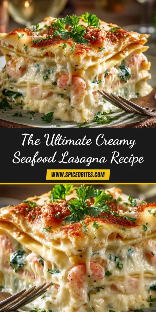 Seafood Lasagna: The Ultimate Creamy & Decadent Recipe 4 A beautiful overhead shot of a creamy seafood lasagna in a white baking dish, ready to be pinned. The title 'The Ultimate Seafood Lasagna' is written in elegant text.