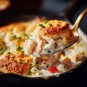 Cheddar Bay Biscuit Seafood Pot Pie: The Ultimate Comfort Meal 4 A close-up high-angle shot of a single serving of creamy seafood pot pie with a cheesy biscuit crust on a white plate.