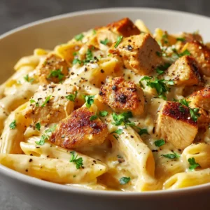 White Cheddar Chicken Pasta (The Ultimate Creamy Recipe) 3 A close-up shot of the creamy chicken pasta, showing the rich texture of the white cheddar sauce clinging to the penne and chicken pieces.