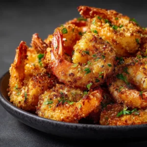 Air Fryer Garlic Parmesan Shrimp (Crispy, Juicy & Ready in 10 Mins!) 4 A close-up shot of crispy air-fried shrimp coated in garlic and parmesan seasoning, showcasing their golden texture.