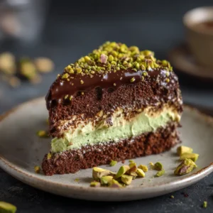 Dubai Chocolate Pistachio Cake (The Viral Recipe Everyone's Talking About) 4 A close-up view of the Dubai Chocolate Pistachio Cake's interior, showcasing the distinct layers of chocolate, pistachio cream, and toasted kataifi pastry.