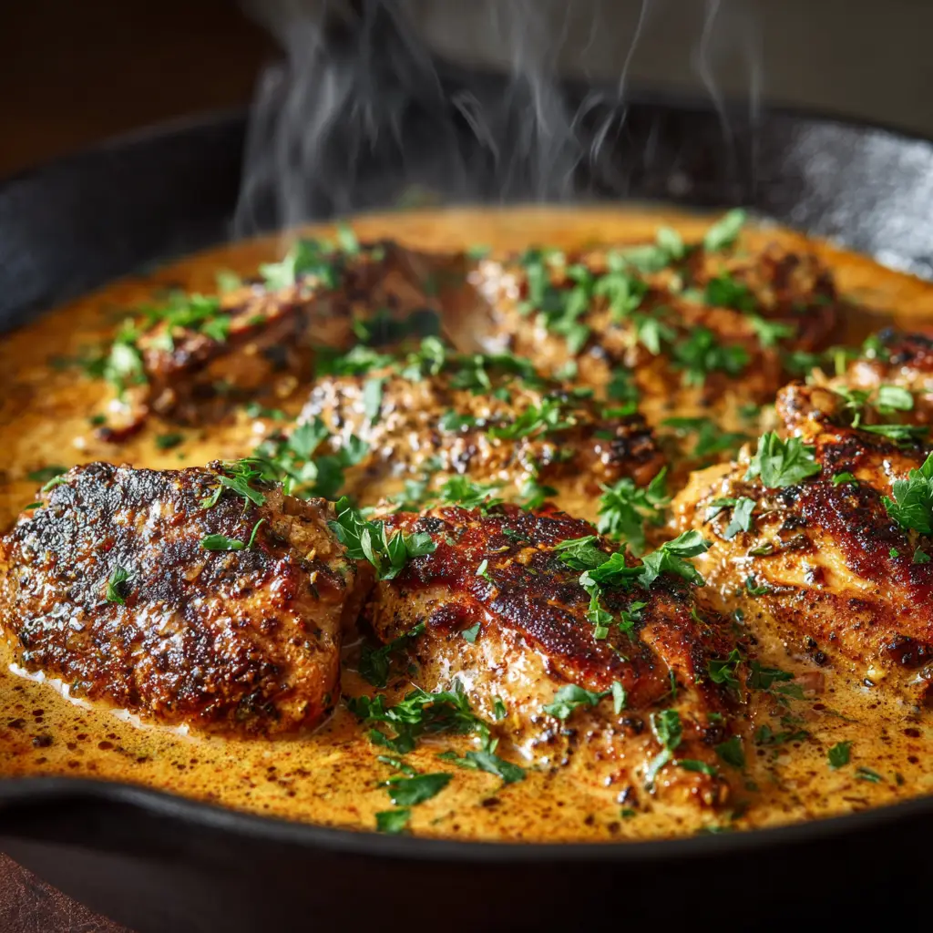 Cowboy Butter Chicken: A Creamy, Flavor-Packed Skillet Dinner 1 A serving of Cowboy Butter Chicken on a plate, showcasing the finished dish and its creamy, herb-flecked sauce.
