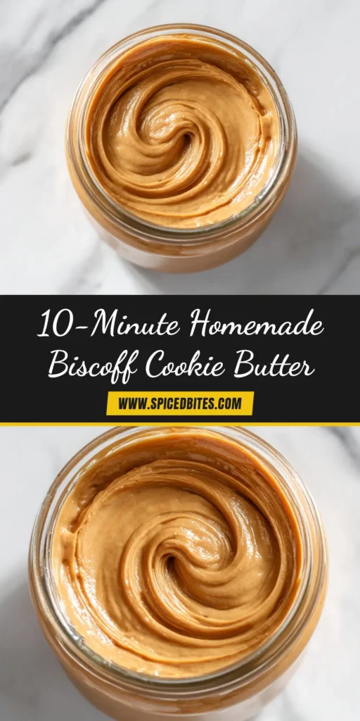 Biscoff Cookie Butter Recipe (Easy & Creamy) 4 An aesthetic overhead shot of the Biscoff cookie butter recipe in a jar with a spoon, surrounded by Biscoff cookies. The image has a text overlay that reads 'Easy Homemade Biscoff Cookie Butter'.