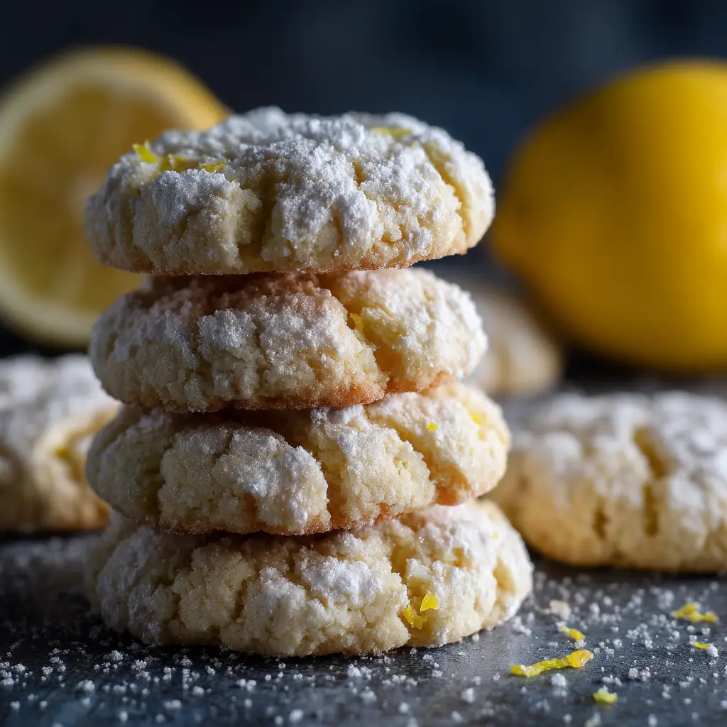 Lemon Sugar Cookies: The Ultimate Recipe for Soft & Chewy Treats 1 A close-up of a single lemon sugar cookie showing its soft, crackled surface, with fresh lemons in the background to emphasize the flavor.