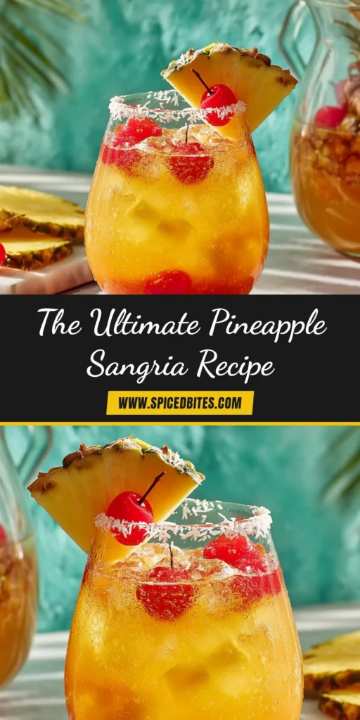 Pineapple Sangria: The Ultimate Tropical Getaway in a Glass 3 A tall glass of refreshing pineapple sangria filled with ice and fresh fruit, with a large pitcher in the background. The perfect easy tropical cocktail recipe.
