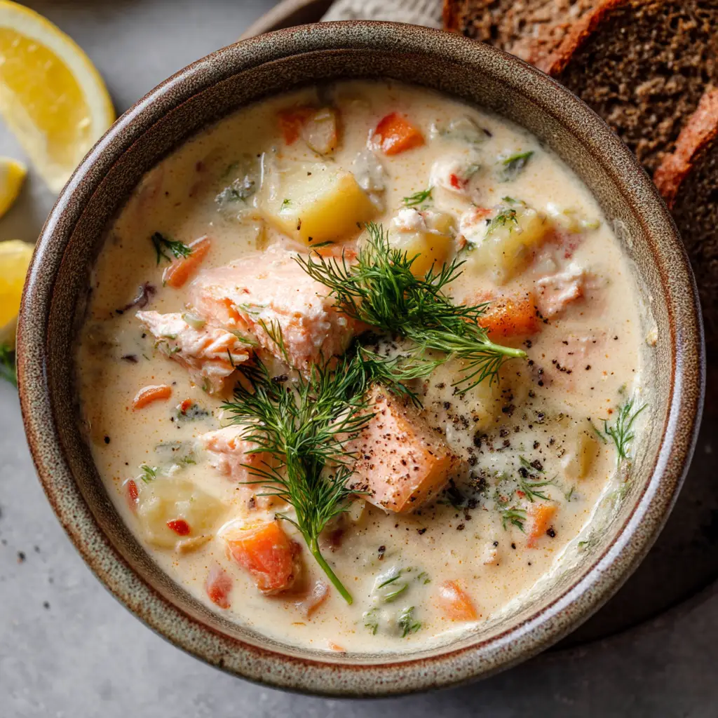 Salmon Chowder Recipe (The Ultimate Creamy & Comforting Guide) 1 A delicious and easy salmon chowder in a dark bowl, garnished with fresh herbs, showcasing the final dish.