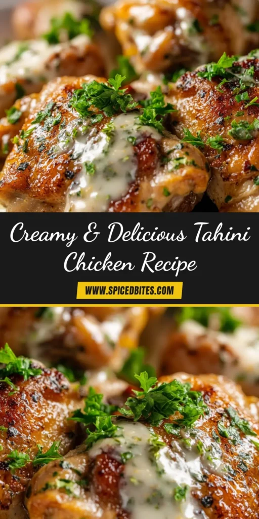 Tahini Chicken: The 30-Minute Recipe for a Perfect Weeknight Dinner 3 An overhead shot of juicy, sliced Tahini Chicken served on a white plate, drizzled with creamy tahini sauce and garnished with fresh herbs. The perfect easy weeknight dinner idea.