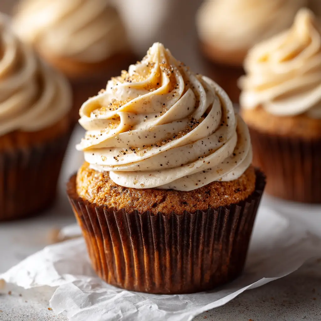 A festive display of several gingerbread caramel latte cupcakes, decorated with a drizzle of caramel, ready for a holiday party.