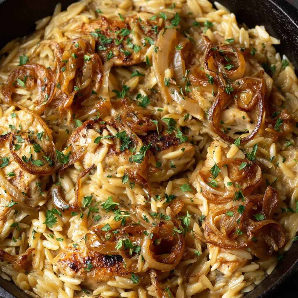 French Onion Chicken Orzo: The Ultimate One-Pan Dinner 1 A serving of French Onion Chicken Orzo on a plate, showing the tender chicken and sauce-coated orzo pasta beneath the cheese.