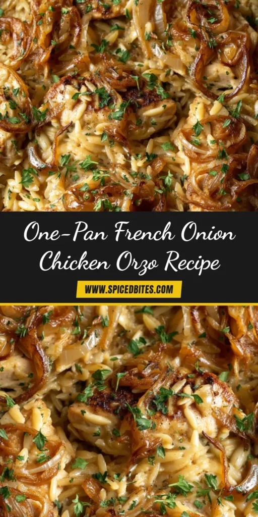 French Onion Chicken Orzo: The Ultimate One-Pan Dinner 4 A skillet of French Onion Chicken Orzo, with golden-brown bubbly Gruyère cheese on top, ready to be served. A wooden spoon is resting on the side.