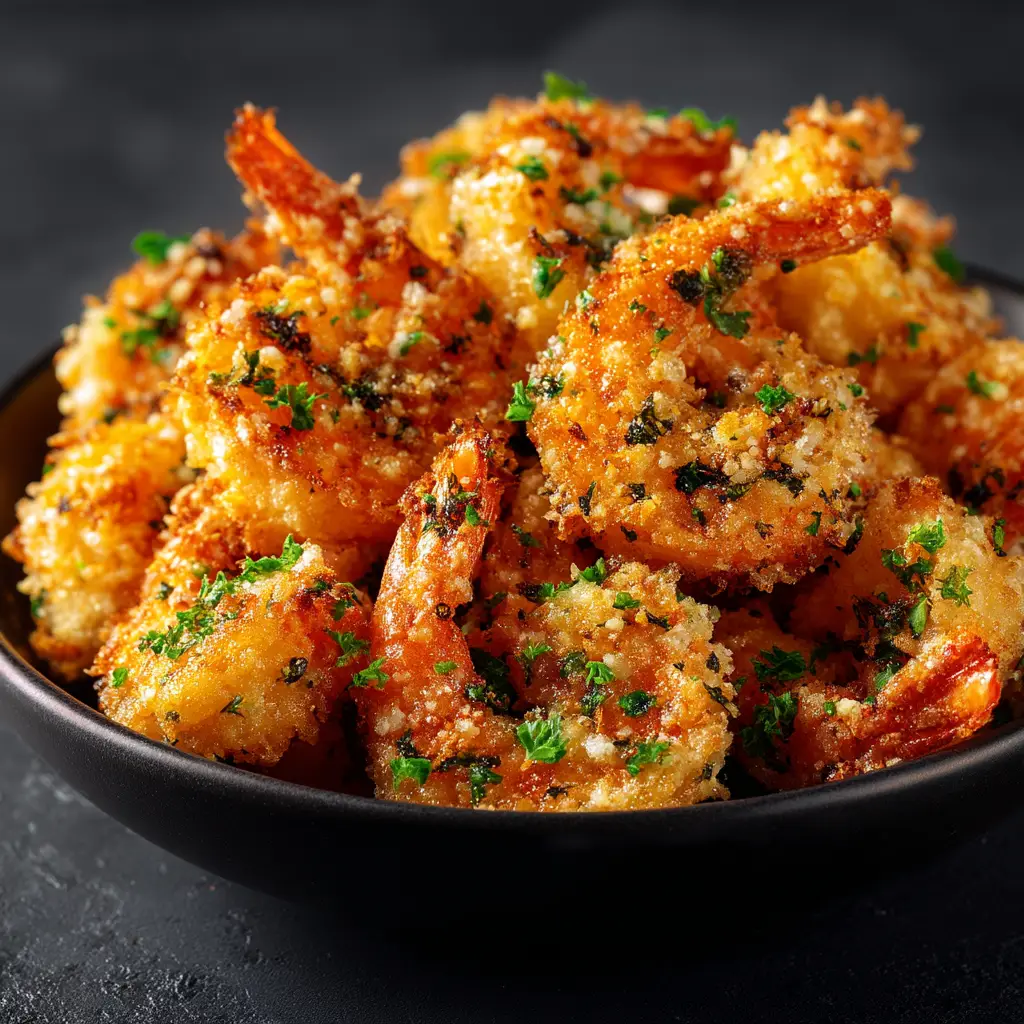 Air Fryer Garlic Parmesan Shrimp (Crispy, Juicy & Ready in 10 Mins!) 1 A plate of air fryer garlic parmesan shrimp served over a bed of pasta, ready to eat.