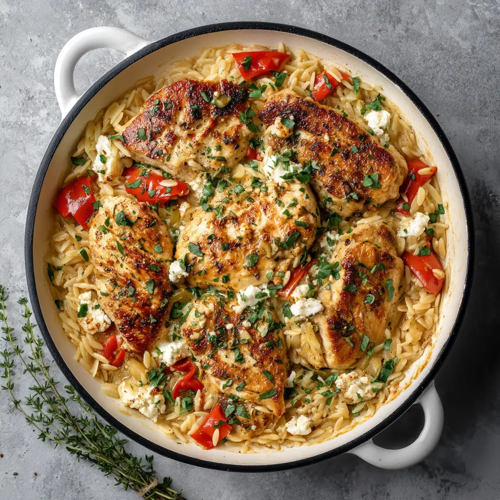 A serving of the Greek-inspired lemon feta chicken and orzo on a plate, ready to be eaten. A fork lifts some pasta to show the texture.