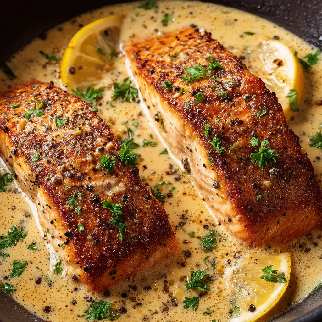 Pan-Seared Salmon (Perfectly Crispy Skin in 10 Minutes!) 1 A finished plate of pan-seared salmon served with fresh lemon slices and a side of green vegetables, representing a healthy salmon recipe.