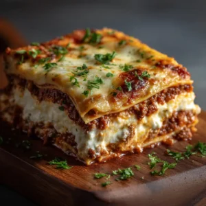 Beef Lasagna Recipe (Classic & Comforting) 3 A close-up shot of a perfectly layered slice of homemade beef lasagna on a white plate, showing the rich meat sauce and creamy ricotta.