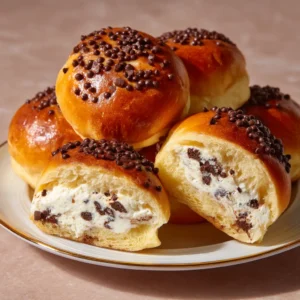 A close-up of several fluffy, golden-brown homemade brioche buns filled with vanilla custard and chocolate chips, arranged attractively.