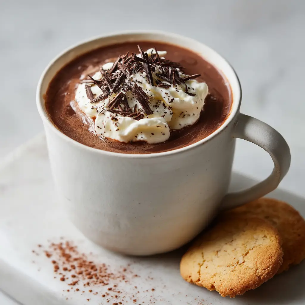 European Hot Chocolate: The Ultimate Guide to Rich, Thick Sipping Chocolate 1 A cup of homemade European hot chocolate topped with a dollop of fresh whipped cream and a sprinkle of cocoa powder.