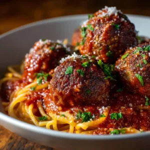 Italian Meatball Recipe: How to Make the Juiciest, Most Flavorful Meatballs 4 A close-up photograph of homemade Italian meatballs simmering in a rich and chunky marinara sauce in a rustic pot.