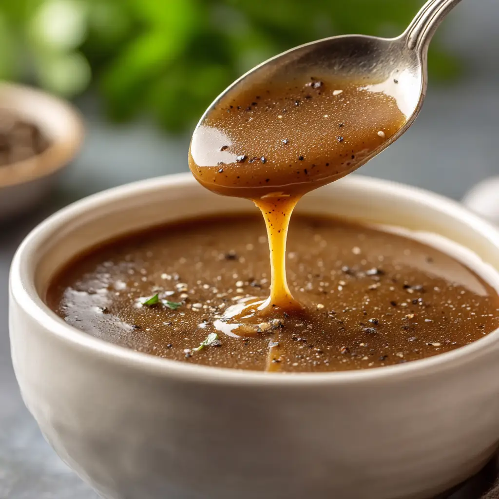 A spoonful of homemade kfc gravy being drizzled over creamy mashed potatoes, demonstrating an ideal serving suggestion.