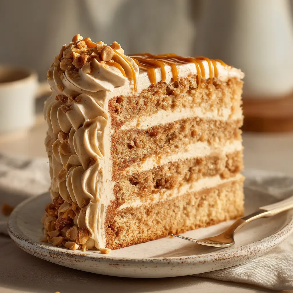 Peanut Butter Cake Recipe: The Ultimate Guide to a Moist & Dreamy Dessert 1 The full peanut butter layer cake on a cake stand, decorated with swirls of peanut butter frosting. The cake is ready to be sliced and served.