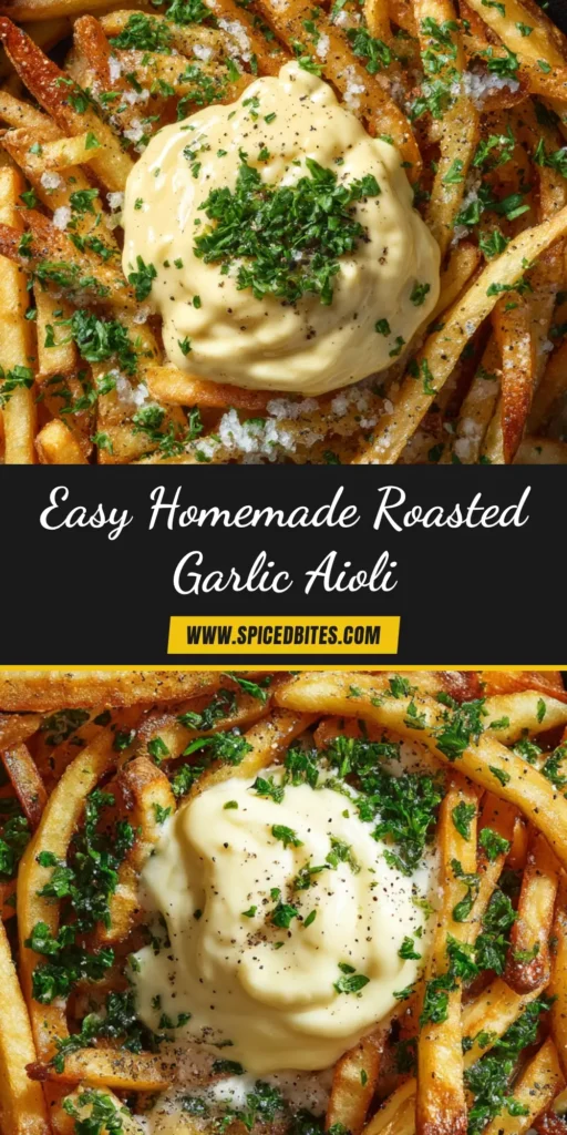 A bowl of creamy Roasted Garlic Aioli, garnished with fresh herbs. This easy homemade recipe creates the perfect dipping sauce for fries and sandwiches.