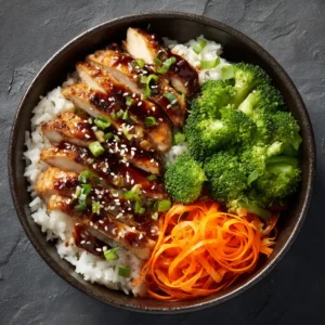 Teriyaki Chicken Rice Bowl: Better Than Takeout in 30 Minutes 4 A top-down view of a homemade teriyaki chicken rice bowl filled with chicken, broccoli, and rice, ready to be eaten.