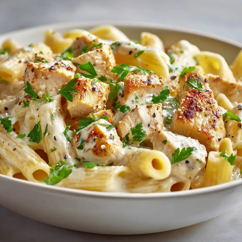 White Cheddar Chicken Pasta (The Ultimate Creamy Recipe) 1 A beautiful serving of White Cheddar Chicken Pasta in a rustic bowl, ready to be eaten. Highlights the comforting and homemade nature of the dish.