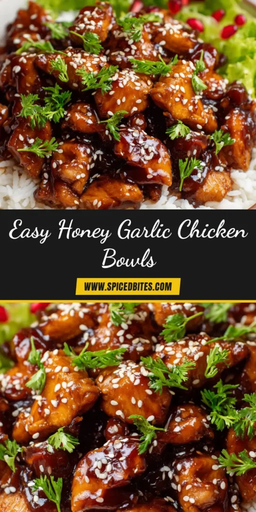 Honey Garlic Chicken Bowls (Easy, Sticky & Perfect for Meal Prep) 4 An overhead shot of two delicious Honey Garlic Chicken Bowls, filled with rice, broccoli, and chicken coated in a sticky sauce.