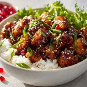 Honey Garlic Chicken Bowls (Easy, Sticky & Perfect for Meal Prep) 3 A close-up view of a chicken and rice bowl, showcasing the glossy honey garlic sauce on tender chicken pieces.