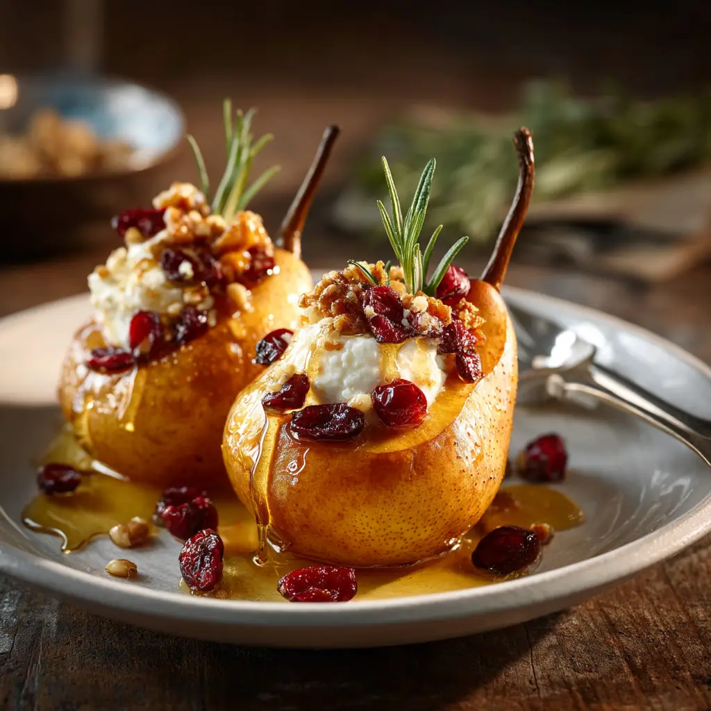 Baked Pears: The Perfect Easy & Elegant Dessert 1 Pear halves in a baking dish before being cooked, filled with a mixture of butter, brown sugar, and spices. This image shows the simple preparation process for the baked pears recipe.