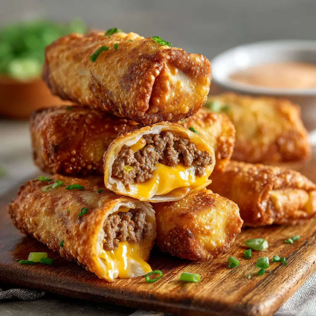 Cheeseburger Eggrolls: The Ultimate Crispy Appetizer 1 The process of assembling a cheeseburger eggroll, showing the savory beef and cheese filling on the wrapper before rolling.