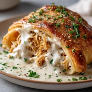 Chicken Pillows with Creamy Parmesan Sauce 3 Ingredients for chicken pillows including crescent dough, shredded chicken, Parmesan cheese, cream cheese, and fresh green parsley.