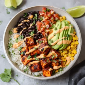 Neat sections of crispy glazed tofu, red pico de gallo, and bright yellow corn arranged in a matte white ceramic bowl.
