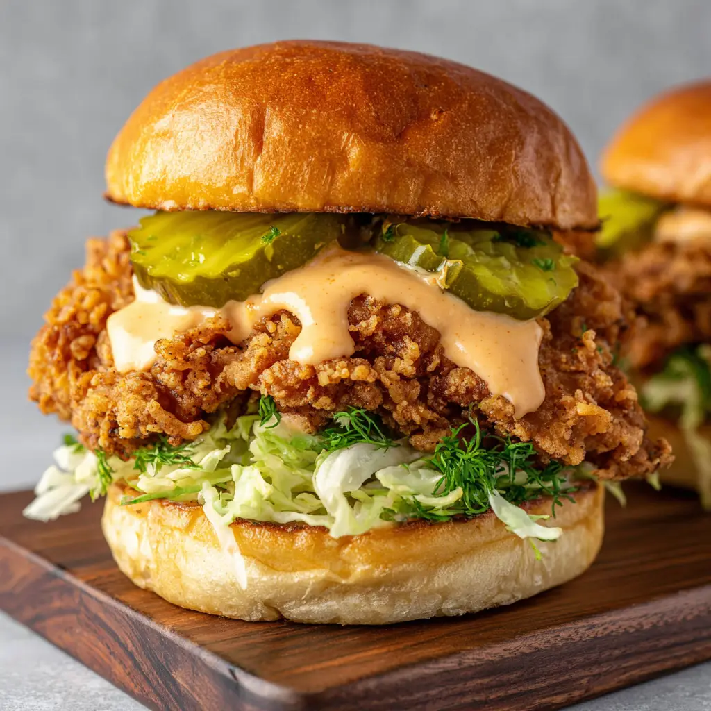 Crispy fried chicken slider drizzled with a generous amount of creamy pale orange sauce and topped with dill pickles and shredded iceberg lettuce.