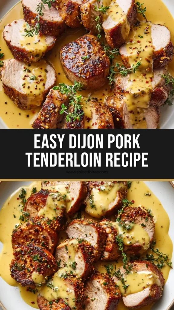 A close-up overhead shot of sliced pan-seared pork tenderloin medallions on a white plate covered in a creamy Dijon mustard sauce.