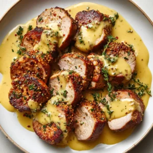 Overhead view of pan-seared pork tenderloin medallions with a golden-brown crust and fresh herbs.
