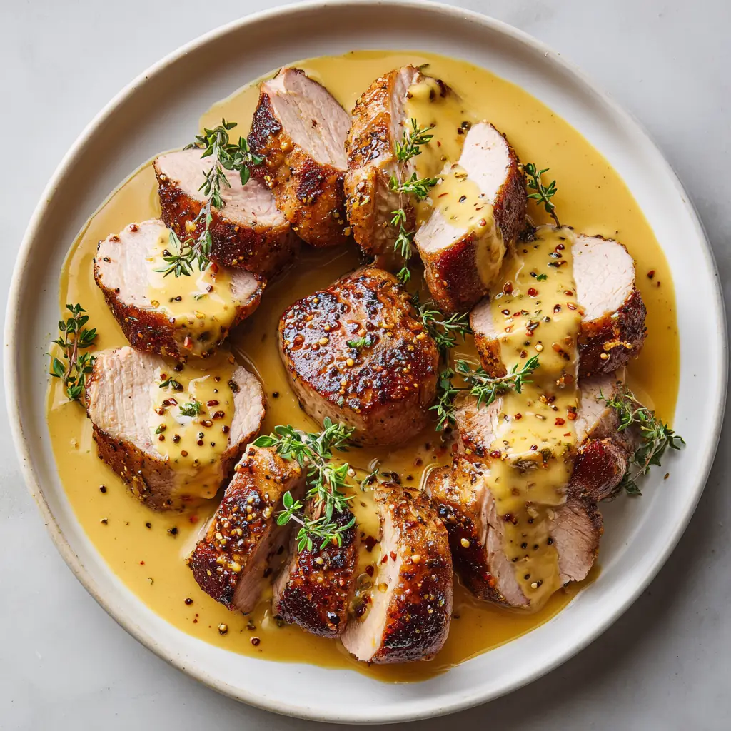 Rich pale-yellow creamy Dijon mustard sauce generously spooned over sliced pork tenderloin featuring tiny whole grain mustard seeds.