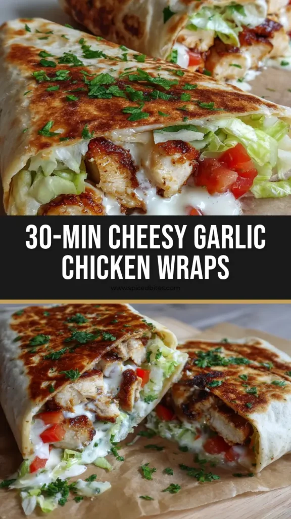 The Best Cheesy Garlic Chicken Wraps 3 Close up cross-section of a toasted cheesy garlic chicken wrap on a crinkled brown parchment paper, showing golden-brown seared chicken, melted white mozzarella, and creamy garlic sauce.