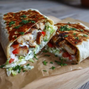 The Best Cheesy Garlic Chicken Wraps 4 Handheld photo showing the distinct cross section of a cheesy garlic chicken wrap packed with shredded lettuce, diced red tomatoes, and melted mozzarella cheese.