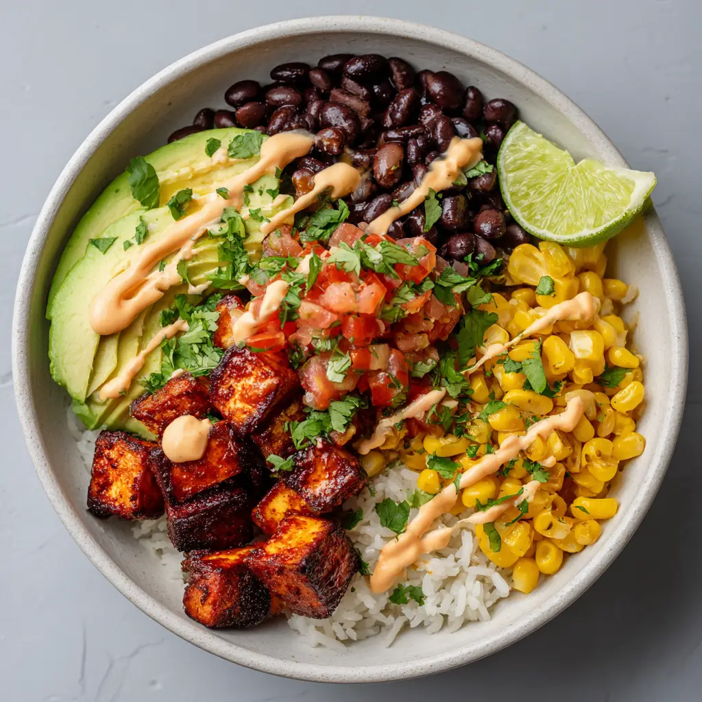 A zig-zag drizzle of creamy pale orange spicy mayo over a spicy baked tofu burrito bowl with chopped green cilantro flakes.
