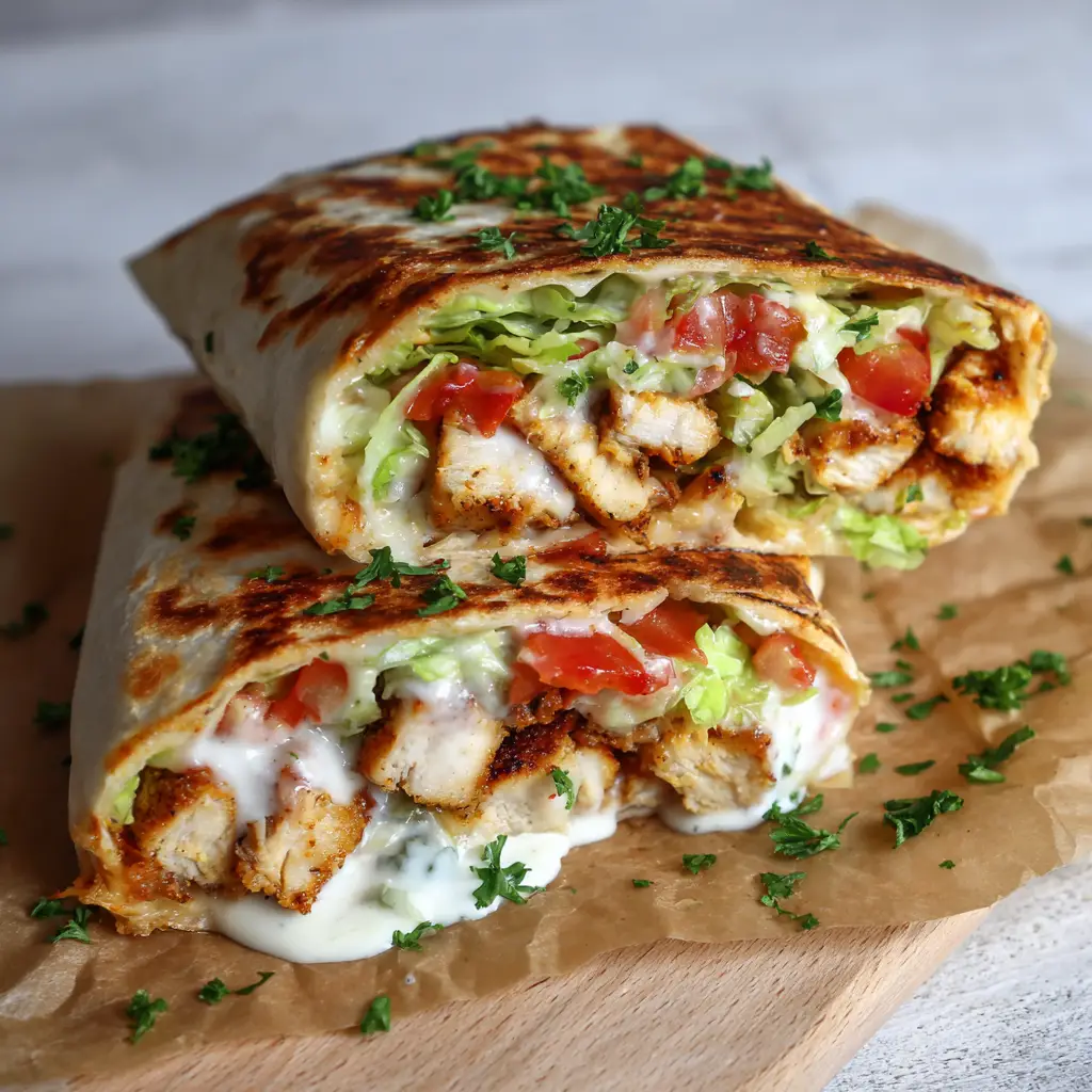 The Best Cheesy Garlic Chicken Wraps 1 A cheesy garlic chicken wrap cut in half resting on a light wooden cutting board, garnished with fresh green parsley over the melted cheese.
