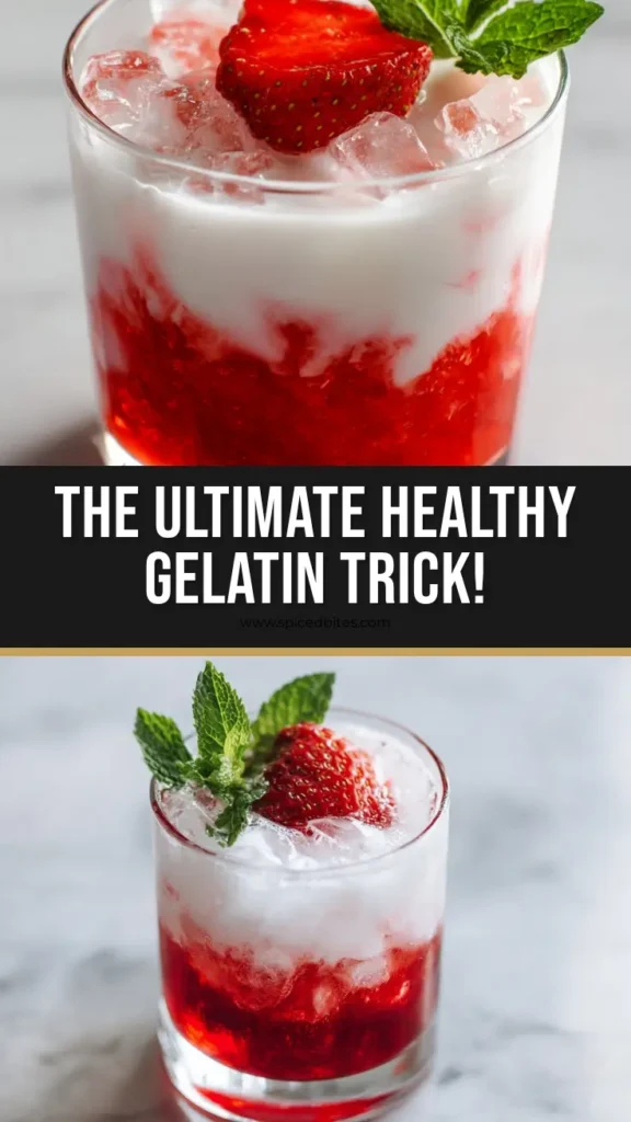 A clear glass layered with a firm ruby-red strawberry base and cloudy coconut milk over ice. (Healthy Gelatin Recipe)