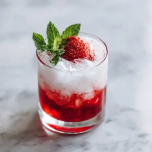 Clear glass filled with a ruby-red strawberry gelatin base topped with a chilled liquid layer of cloudy white coconut milk and ice cubes. (Healthy Gelatin Recipe)