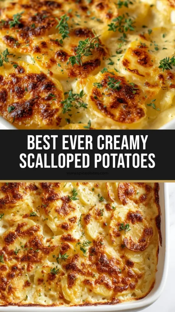 Perfect Homemade Scalloped Potatoes with a Crispy Cheese Crust 3 A close-up view of freshly baked homemade scalloped potatoes casserole in a white ceramic dish with a golden-brown charred cheese crust.