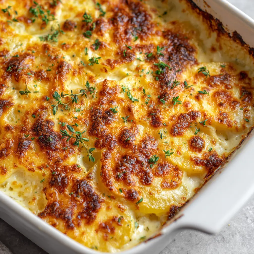Perfect Homemade Scalloped Potatoes with a Crispy Cheese Crust 1 Close up of a bubbly, melted, and beautifully golden-brown charred crust of mixed cheeses with fresh parsley flakes.