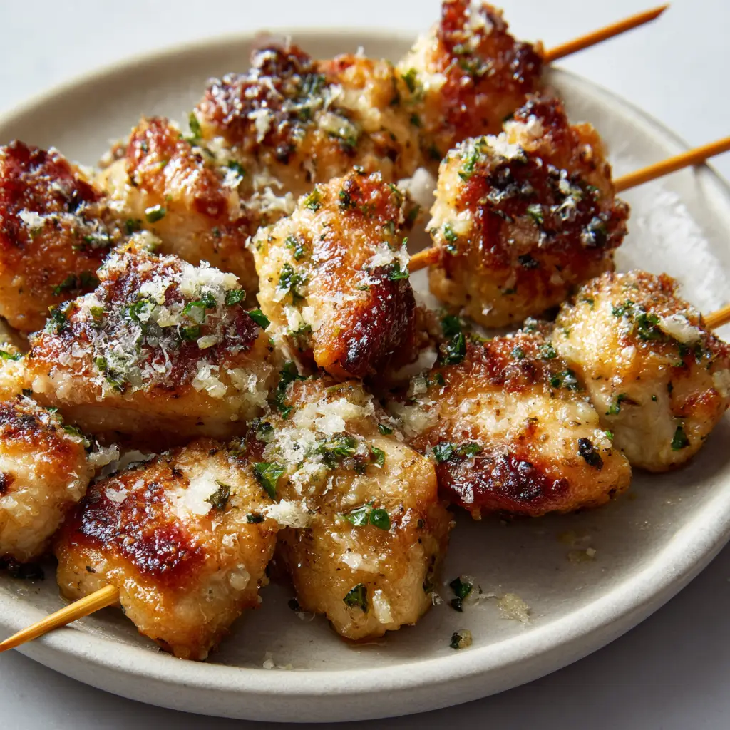 Close-up view of Air Fryer Garlic Parmesan Chicken skewers featuring slightly charred edges, tiny green flakes of fresh chopped parsley, and minced roasted garlic bits.