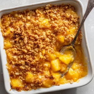 The Ultimate Baked Pineapple Bake Recipe 4 Overhead view of a hot Pineapple Bake bubbling in a white ceramic dish with a crispy golden-brown cheddar crust.